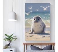 QBIREX Bonita foca en la playa, decoración de pared para sala de estar, dormitorio, 50 x 75 cm.