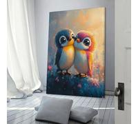 QBIREX Bonita pintura al óleo de pareja de pingüinos, decoración de pared para sala de estar, para adolescentes, niñas y mujeres, decoración de baño, arte de pared de 50 x 75 cm.