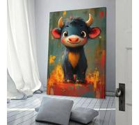 QBIREX Bonita pintura al óleo de toro de dibujos animados para decorar la pared de la sala de estar, el dormitorio, la sala de estar, la obra de arte de pared, 40 x 60 cm.