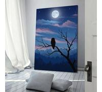 QBIREX Cuadro de búho bajo la luz de la luna, decoración de pared para dormitorio, listo para colgar, para baño, inodoro, lienzo de pared de 60 x 90 cm