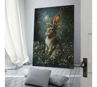 QBIREX Cuadro de pared de conejo encantado con corona floral, decoración para sala de estar, cocina, hogar, arte de pared gris, 60 x 90 cm