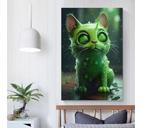 QBIREX Cuadros de gatos de virus verdes, obras de arte para sala de estar, regalo, lienzo, arte de pared, decoración nórdica del hogar, listo para colgar, carteles e impresiones, 50 x 75 cm
