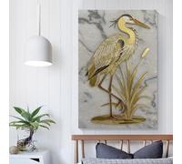 QBIREX Elegante obra de arte de garza dorada con espadañas para paredes del hogar, sala de estar, dormitorio, 50 x 75 cm.
