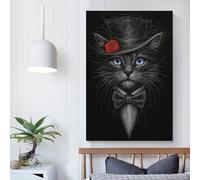 QBIREX Elegante retrato de gato con sombrero y pajarita, decoración de pared para sala de estar, dormitorio, obra de arte para pared, 50 x 75 cm.