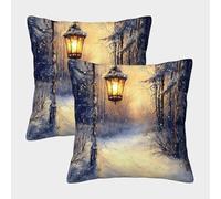 QBIREX Funda de Almohada Cuadrada estándar Transpirable con luz de Linterna Invernal en un Camino nevado, decoración del hogar, 40 x 40 cm