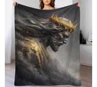 QBIREX Golden Crowned Jesus Bowing Down - Mantas de forro polar navideñas de fácil cuidado con fotos para picnic para esposa, marido, novio, 70 x 80 pulgadas (180 x 200 cm)
