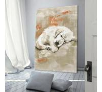 QBIREX Ilustración de un adorable cachorro golden retriever durmiendo en la habitación de tu bebé. Arte digital para pared, decoración para sala de estar, cocina, hogar, arte gris, 50 x 75 cm.