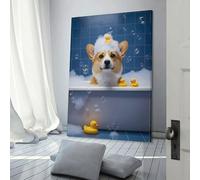 QBIREX Impresión de pared de Corgi en baño de burbujas con patos para sala de estar, ideal como regalo, baño, hogar, cocina, oficina, decoración de pared de 60 x 90 cm.