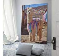 QBIREX Impresiones de pared de alpaca decorada en un colorido pueblo para sala de estar, ideal como regalo, baño, hogar, cocina, oficina, decoración de pared de 60 x 90 cm.