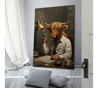 QBIREX Lienzo antropomórfico de vaca de las Tierras Altas, hombre de negocios fumando, para decoración de pared de adolescentes, juegos, habitación de niños, imágenes grandes de 60 x 90 cm.