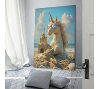 QBIREX Lienzo decorativo con diseño de unicornio en la playa para dormitorio, sala de estar, niños, niñas y niños, regalo de cumpleaños, obra de arte de 20 x 30 cm.