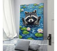 QBIREX Lienzo decorativo de mapache en un estanque de nenúfares para dormitorio de adolescentes, niñas y mujeres, decoración de pared para sala de estar, 50 x 75 cm.