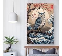 QBIREX Lienzo decorativo de pared con diseño de búho y gran ola para dormitorio, baño rústico, 50 x 75 cm