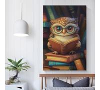 QBIREX Lienzo decorativo para pared con diseño de búho leyendo un libro, para sala de estar, 50 x 75 cm