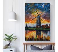 QBIREX Lienzo decorativo para pared con molino de viento en la orilla del río, póster para la oficina y el hogar, decoración de pared, colorido, moderno y colorido, fácil de colgar, 60 x 90 cm