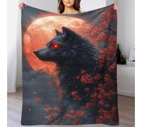 QBIREX Manta de Franela con Estampado 3D de Lobo Negro y Luna de Sangre, súper Suave, esponjosa y cálida, de Microfibra, para sofá de 180 x 200 cm.