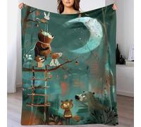 QBIREX Manta de Franela Grande, Gruesa, Suave y acogedora con Animales del Bosque en una Escalera hacia la Luna, Adultos, 152 x 203 cm.
