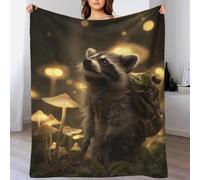 QBIREX Manta de Franela Grande, Gruesa, Suave y acogedora con diseño de Mapache con Mochila en un Bosque de Setas, Ideal para Adultos, Regalo de Acción de Gracias, 180 x 200 cm.