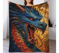 QBIREX Manta de Franela Suave y esponjosa con Estampado 3D de Cabeza de dragón Azul y Rojo, versátil, cálida, Tipo Poncho, Chal, Capa para Cama y sofá de 150 x 200 cm.
