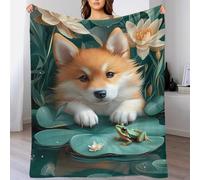 QBIREX Manta de Peluche con Estampado 3D de Cachorro Corgi con Rana sobre nenúfar, Ideal para Todas Las Estaciones, Ideal para Adultos, 180 x 200 cm (70 x 80 Pulgadas).