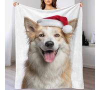 QBIREX Manta de perro pastor islandés con sombrero de Papá Noel, manta doble ligera y súper suave para mujeres y niñas, para amantes, marido, esposa, mujeres y hombres, 70 x 80 pulgadas (180 x 200 cm)