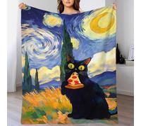 QBIREX Manta Extragrande y cálida de Franela con Estampado 3D de Gato Negro Comiendo Pizza y Noche Estrellada, Adultos, 150 x 200 cm.