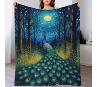 QBIREX Manta navideña de Franela Suave y cálida para Adultos, diseño de Pavo Real, Luna y Noche Estrellada, para Cama y sofá, 100 x 130 cm.