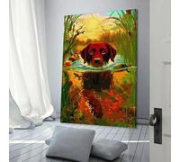 QBIREX Póster de perro nadando en un estanque, imagen, impresión en metal, pintura de Taktanah, arte de pared para sala de estar, lienzo de 60 x 90 cm.