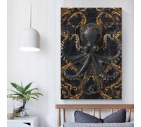 QBIREX Pulpo negro y dorado, divertido arte para baño, decoración para sala de estar y baño, 40 x 60 cm