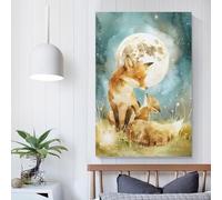 QBIREX Susurros a la luz de la luna - Ilustración de una familia de zorros, estilo bohemio, para guardería, decoración de pared para sala de estar y baño, lienzo de 60 x 90 cm