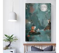 QBIREX Viaje a la luz de la luna: lienzo de pared con un mágico paseo en barco con animales para dormitorio, decoración rústica para baño, 50 x 75 cm