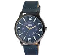 Qbos - Reloj analógico para hombre, color azul, negro, fecha, imitación de piel, cuarzo, azul