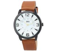 Qbos - Reloj analógico para hombre, color blanco, marrón, negro, fecha, piel sintética, cuarzo, marrón