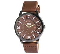 Qbos - Reloj analógico para hombre, color marrón, negro, fecha, imitación de piel, cuarzo, marrón