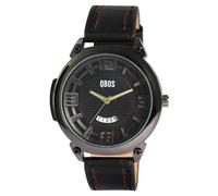 Qbos - Reloj analógico para hombre, color negro, marrón, fecha, imitación de piel, cuarzo, Negro