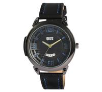 Qbos - Reloj analógico para hombre, color negro y azul, con fecha, imitación de piel, cuarzo, Negro