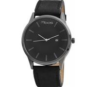 Qbos Reloj de pulsera para hombre, analógico, negro, fecha, metal, piel sintética, cuarzo, reloj, Negro , Correa