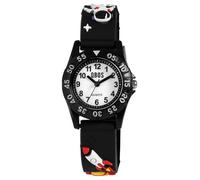 Qbos Reloj infantil con diseño de cohete de barco espacial astronauta, universo, color blanco y negro, analógico, silicona, cuarzo, para niñas y niños, Negro