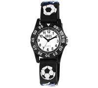 Qbos - Reloj infantil con diseño de fútbol, color blanco y negro, analógico, silicona, cuarzo, para niñas y niños, Negro