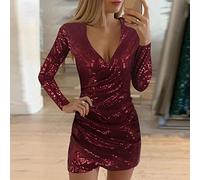 QBQZXAOSOWH Vestir Dress Mujer Niña Vestido De Lentejuelas Sexy con Cuello En V Manga Larga Vestidos De Autocultivo para Mujeres Vestido De Fiesta Elegante Delgado para Mujer S Rd