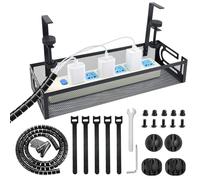 Qcdou Bandeja de gestión de cables para debajo del escritorio, color negro, sin taladro, organizador de cables de malla de metal, organizador de cables, baúl de cables con soporte de abrazadera, caja