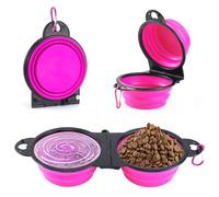 Qcdou Cuenco Plegable Perro, 2 en 1 Bebedero para Perros, Bebedero Perro Portatil de Silicona con Mosquetón, Antigoteo, para Perros, Gatos y Mascotas (Rosa)
