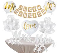 Qcdou Just Married Decoracion, MR & MRS Decoración con 20 Piezas Globos Blancos, 10pcs Lazo blanco, Recién Casados Guirnalda Bandera, Adornos Coche Boda/Bodas de Plata/Antecedentes de la Propuesta