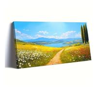 Qcdxfgdfh Cuadro de pared en lienzo con diseño de paisaje campestre junto a un lago y flores silvestres, en tonos neutros brillantes, para decoración del hogar (70x140cm/sin marco)