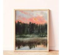 Qcdxfgdfh Cuadro decorativo de acuarela con reflejo en un lago y bosque al atardecer, en lienzo vertical de tonos suaves, ideal para la decoración de una casa de campo (60x90cm/sin marco).