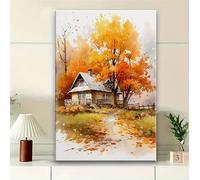 Qcdxfgdfh Cuadro decorativo de pared con diseño de arce dorado otoñal, cabaña de madera y sendero, impresión en lienzo de paisaje rural en acuarela suave (30x40cm/sin marco)