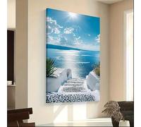 Qcdxfgdfh Cuadro decorativo de pared con diseño de escalones de piedra blanca y mar azul brillante, impresión en lienzo de un soleado paisaje costero mediterráneo (50x70cm/marco interior).
