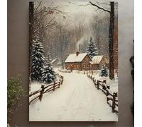 Qcdxfgdfh Cuadro decorativo de pared con temática de cabaña de troncos en un bosque nevado de invierno, pintura vertical rústica impresionista rural con un cálido resplandor (60x90cm/marco interior).