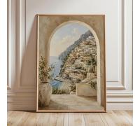 Qcdxfgdfh Cuadro decorativo de pared con vista a un arco mediterráneo, acantilado costero y pueblo, terraza de piedra neutra junto al mar (20x30cm/sin marco)