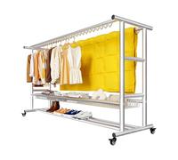 Qcesorib Perchero de Metal con Ruedas, Burro Ropa Móvil con Hebilla Cortaviento, Burro para Ropa con Zapatero, Carga Máx 300kg, para Balcón, Patio, Hotel